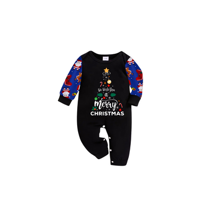 We Wish You a Merry Christmas Family Pajamas Set - Black Top / Blue Santa Print Pants / Blue Santa Print Sleeves