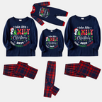 "We are Family" 2025 Christmas Wreath - Blue Long Sleeve Top with Blue & Red Plaid Family Matching Pajamas