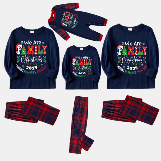"We are Family" 2025 Christmas Wreath - Blue Long Sleeve Top with Blue & Red Plaid Family Matching Pajamas