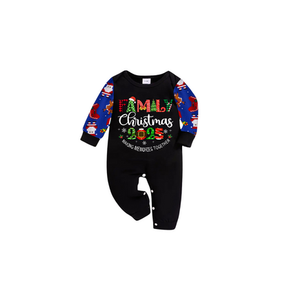 Family Christmas 2025 Making Memories Family Pajamas Set - Black Top, Blue Pants, Blue Christmas Cartoon Sleeves