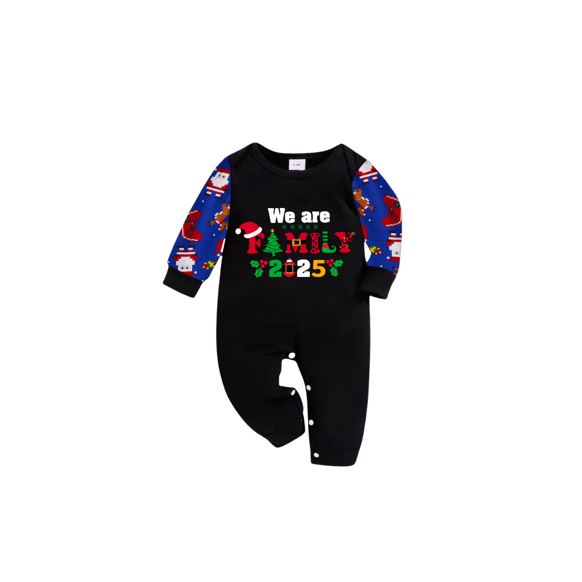 We Are Family Christmas 2025 Family Pajamas Set - Black Top, Blue Pants, Blue Christmas Cartoon Sleeves