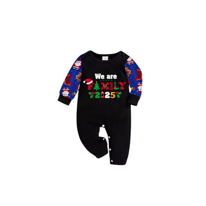 We Are Family Christmas 2025 Family Pajamas Set - Black Top, Blue Pants, Blue Christmas Cartoon Sleeves