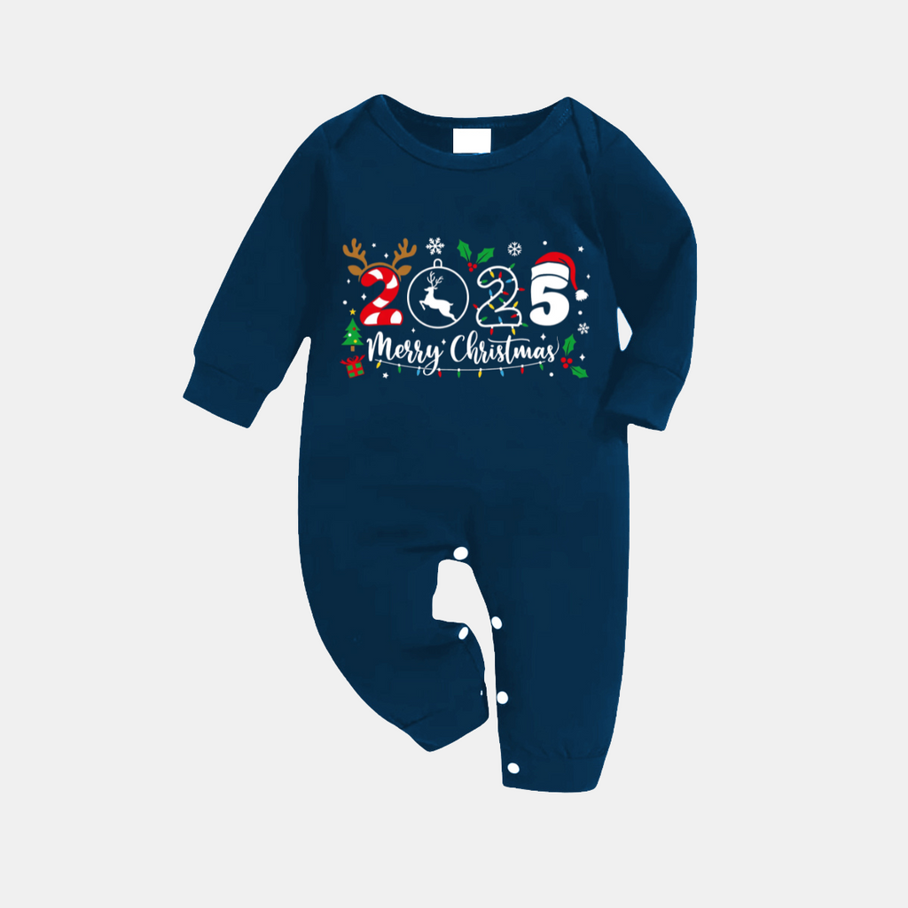"Merry Christmas 2025" Text Prints Blue Long Sleeve Top With Blue Plaid Family Matching Pajamas