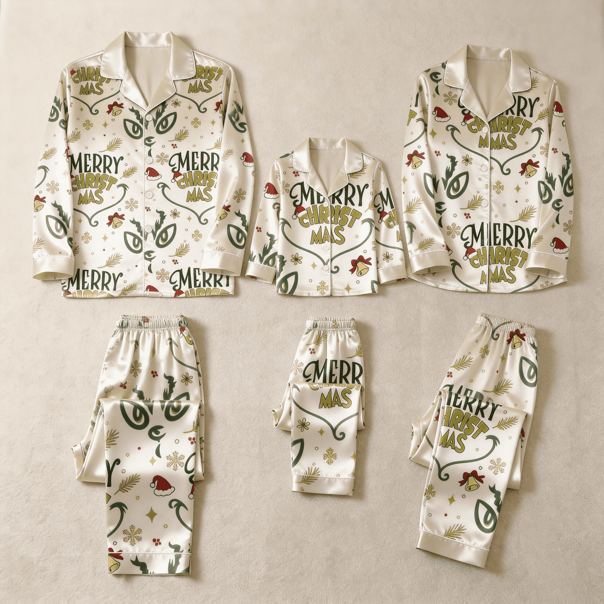 Merry Christmas Letter & Festive Icon Print Satin Button-Up Family Pajamas Set