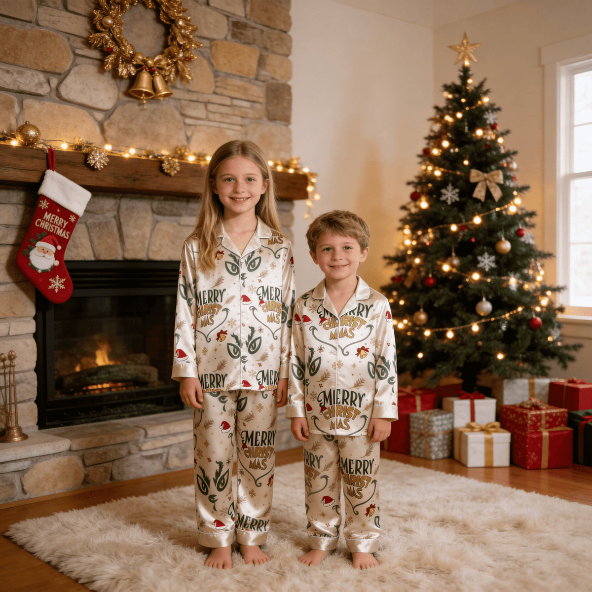 Merry Christmas Letter & Festive Icon Print Green Satin Button-Up Family Pajamas Set