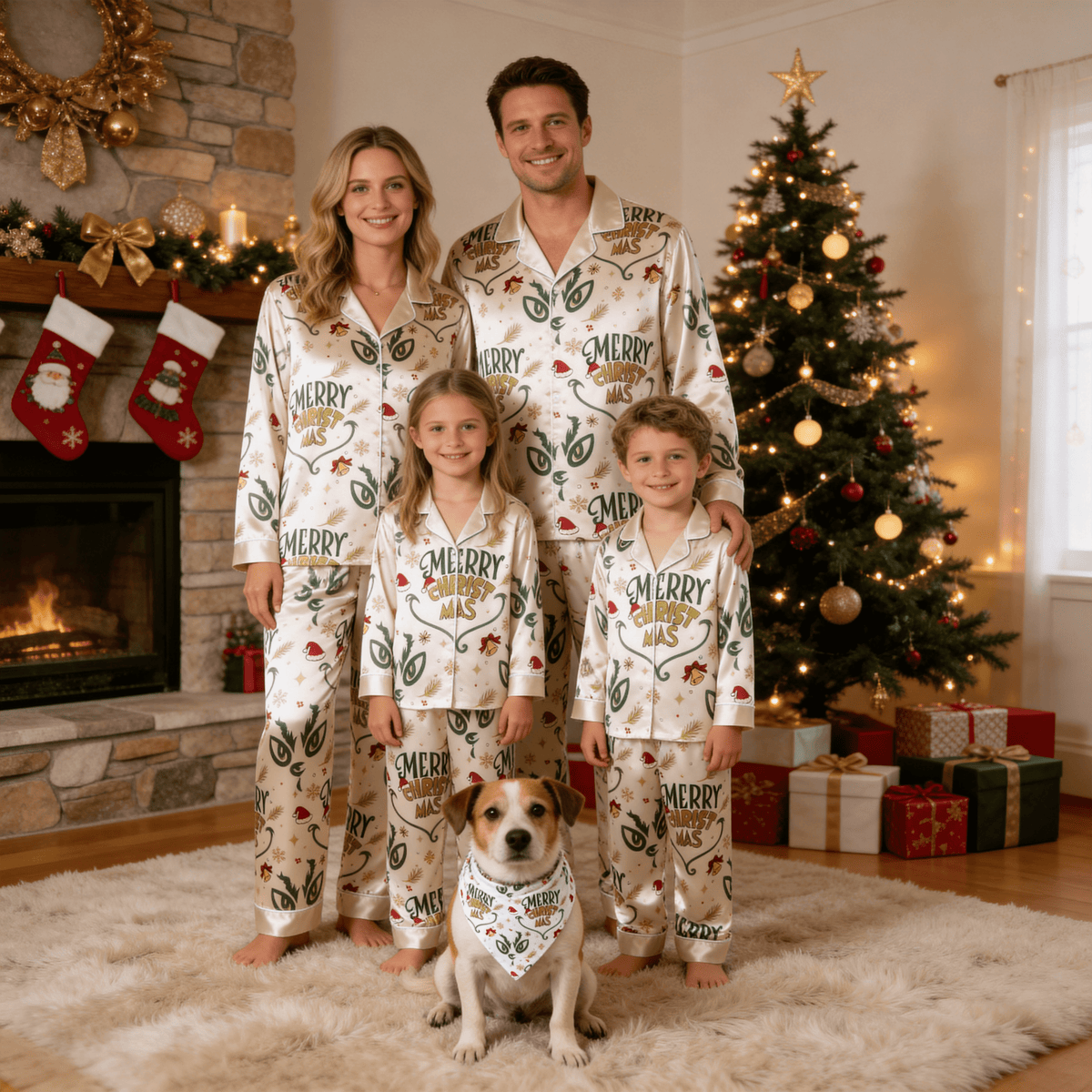 Merry Christmas Letter & Festive Icon Print Green Satin Button-Up Family Pajamas Set