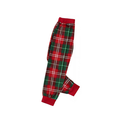 Christmas Tree of Shape with Stars and "Merry Christmas" Artistic Font White Long Sleeve Top with Red & Green Plaid Pants Family Matching Pajamas