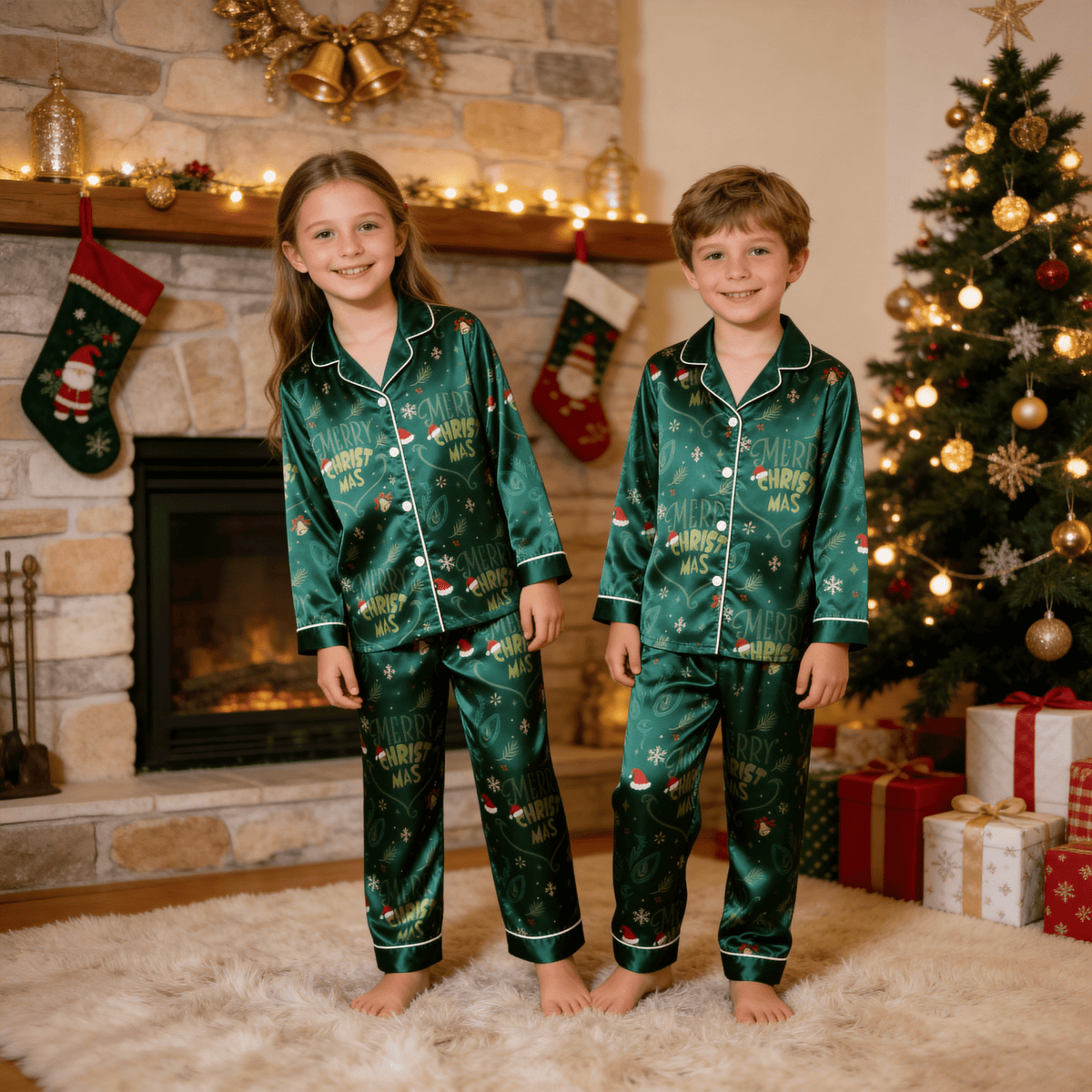 Merry Christmas Letter & Festive Icon Print Green Satin Button-Up Family Pajamas Set