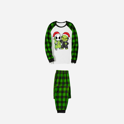 Green Plaid Raglan Top Christmas Pajamas Set With Grinch and Cartoon Pattern Print