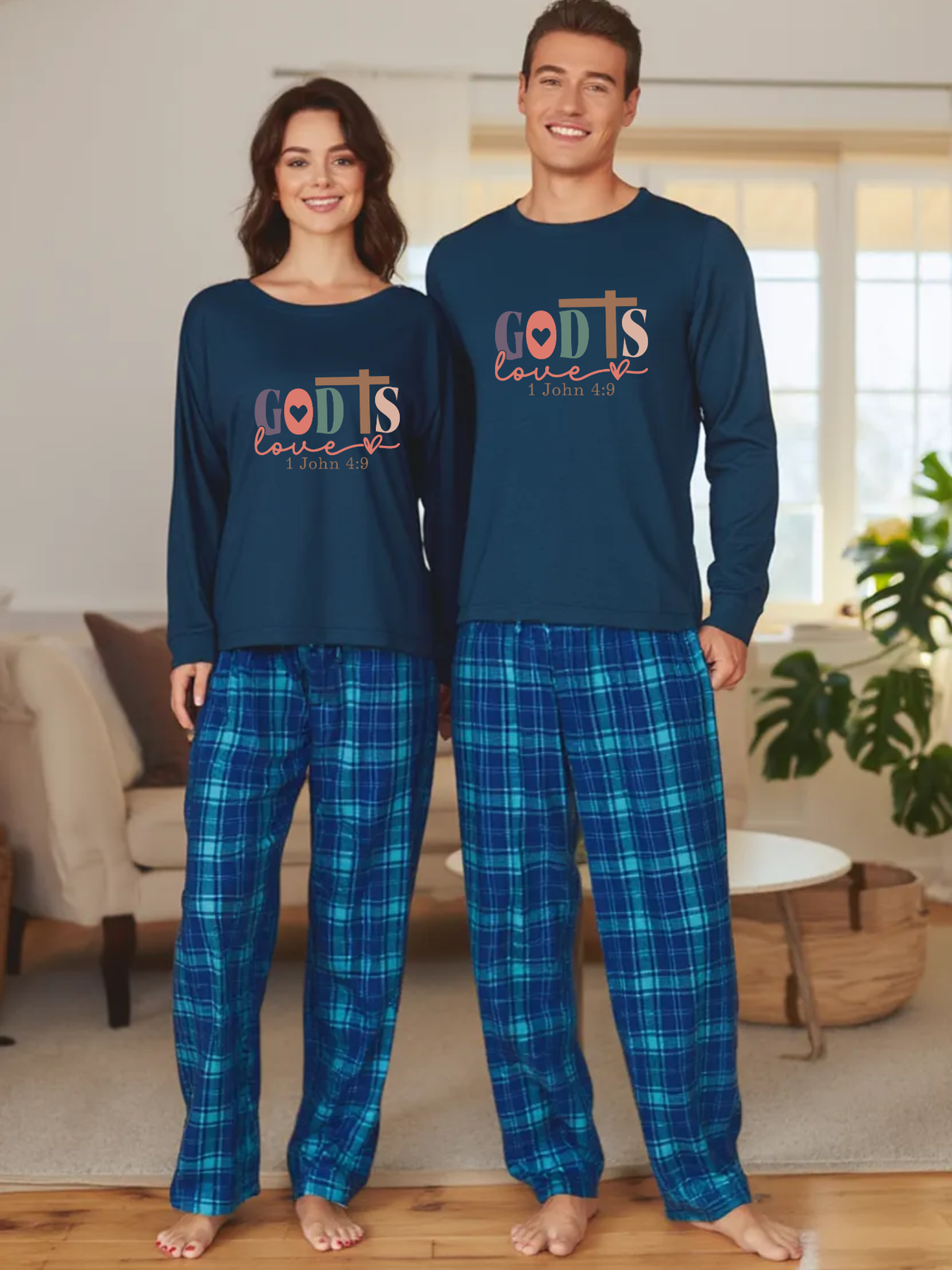 God&Cross Letter Printed Blue Long Sleeve Top And Blue Plaid Pants Family Matching Pajamas Set