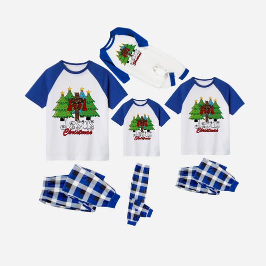 Jesus Christmas Family Matching Pajamas Set - White Top with Blue Sleeves and Blue Plaid Pants