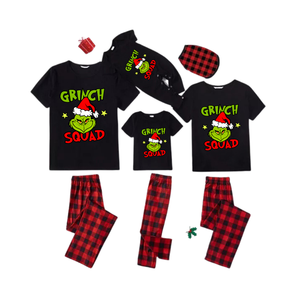 Grinch Squad Family Pajamas Set - Black Top Red Pants Red Plaid Sleeves Grinch Face with Santa Hat Print