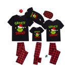 Grinch Squad Family Pajamas Set - Black Top Red Pants Red Plaid Sleeves Grinch Face with Santa Hat Print