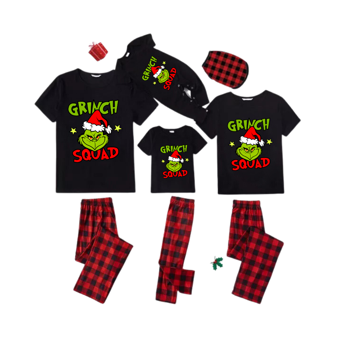 Grinch Squad Family Pajamas Set - Black Top Red Pants Red Plaid Sleeves Grinch Face with Santa Hat Print