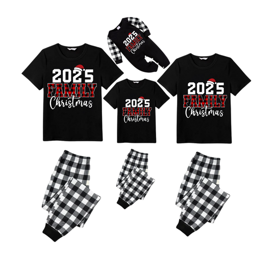 2025 Family Christmas Pajamas Set - Black Top Black and White Plaid Pants Red Plaid Text Graphic