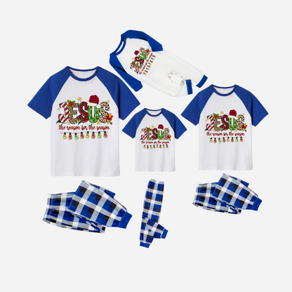 Jesus the Reason for the Season Family Christmas Pajamas Set - White Top with Blue Sleeves and Blue Plaid Pants