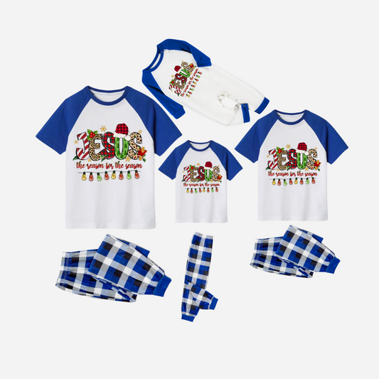 Jesus the Reason for the Season Family Christmas Pajamas Set - White Top with Blue Sleeves and Blue Plaid Pants