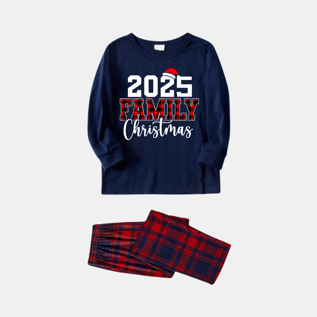 "2025 Christmas" Text and Santa Hat Prints Blue Long Sleeves Top with Red and Blue Plaid Pants Christmas Matching Pajamas