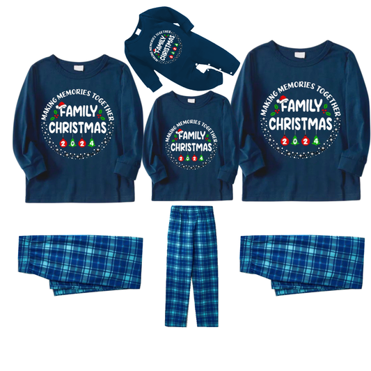 "MAKING MEMORIES TOGETHER FAMILY CHRISTMAS 2024" Text Pattern - Blue Long Sleeve Top With Blue Plaid Family Matching Pajamas