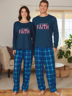 Man Of Faith Pink Letter Printed Blue Plaid Pajamas Set-Matching Holiday Sleepwear