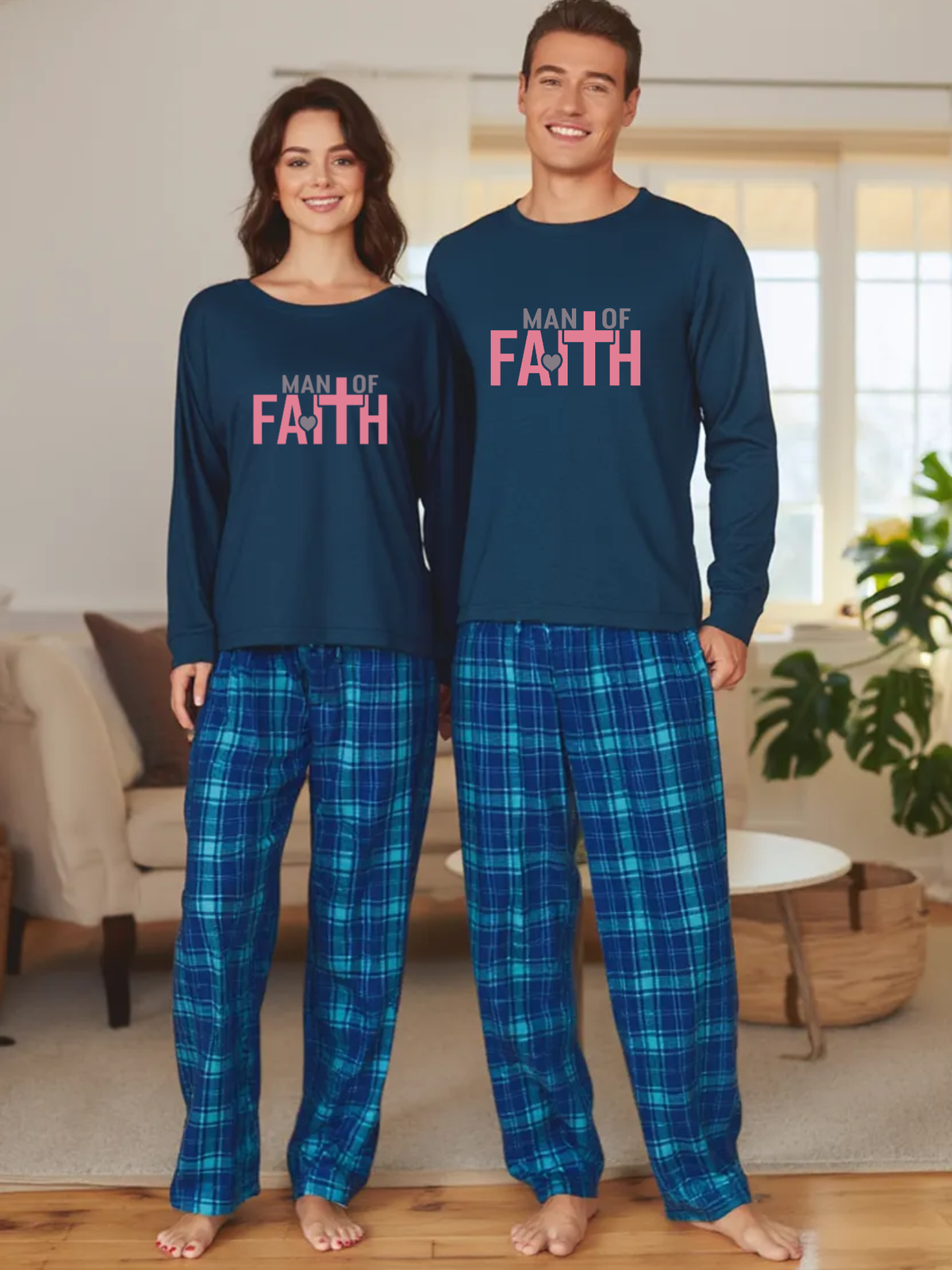 Man Of Faith Pink Letter Printed Blue Plaid Pajamas Set-Matching Holiday Sleepwear