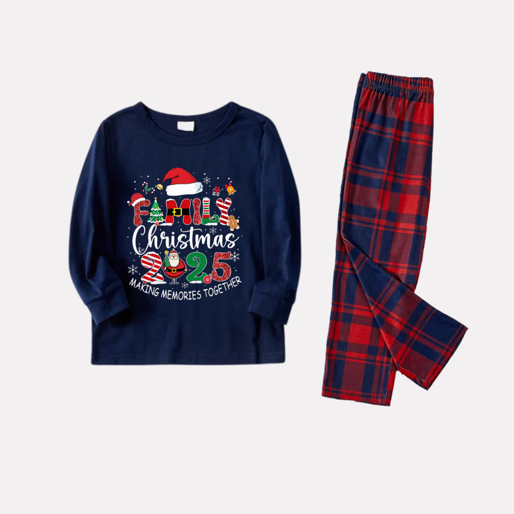 Navy & Red Plaid Christmas Pajamas Set With "Family Christmas 2025 Making Memories Together" Text Print