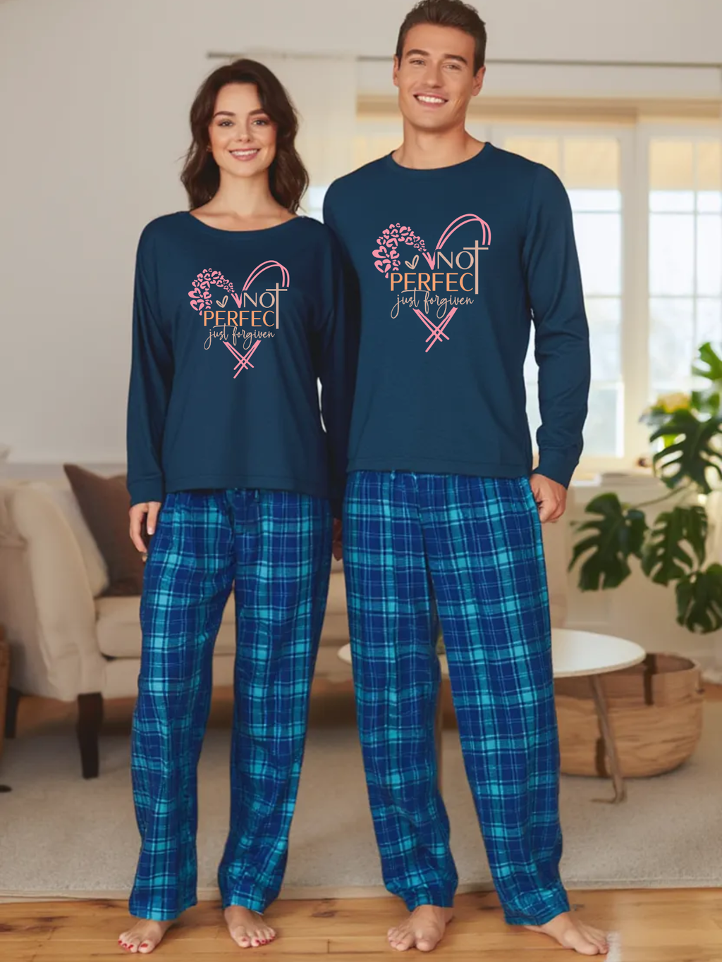 Not Perfect Just Forgiven Letter Printed Blue Plaid Matching Pajamas