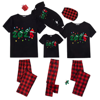Christmas "2025" Letter Print Black Short Sleeve with Red & Black Plaid Pant Family Matching Pajamas