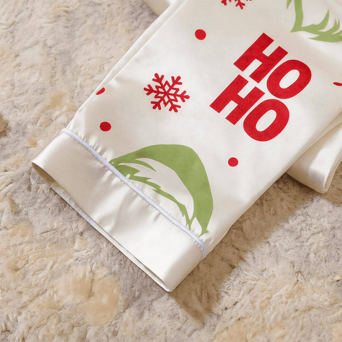 Green Face & Ho Ho Text Print Satin Button-Up Family Christmas Pajamas Set