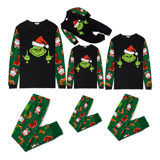 Grinch Santa Family Christmas Pajamas  Black Top with Green Santa Print Pants