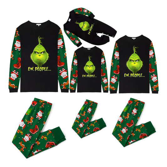 Grinch Ew, People..... Family Christmas Pajamas  Green Santa Print
