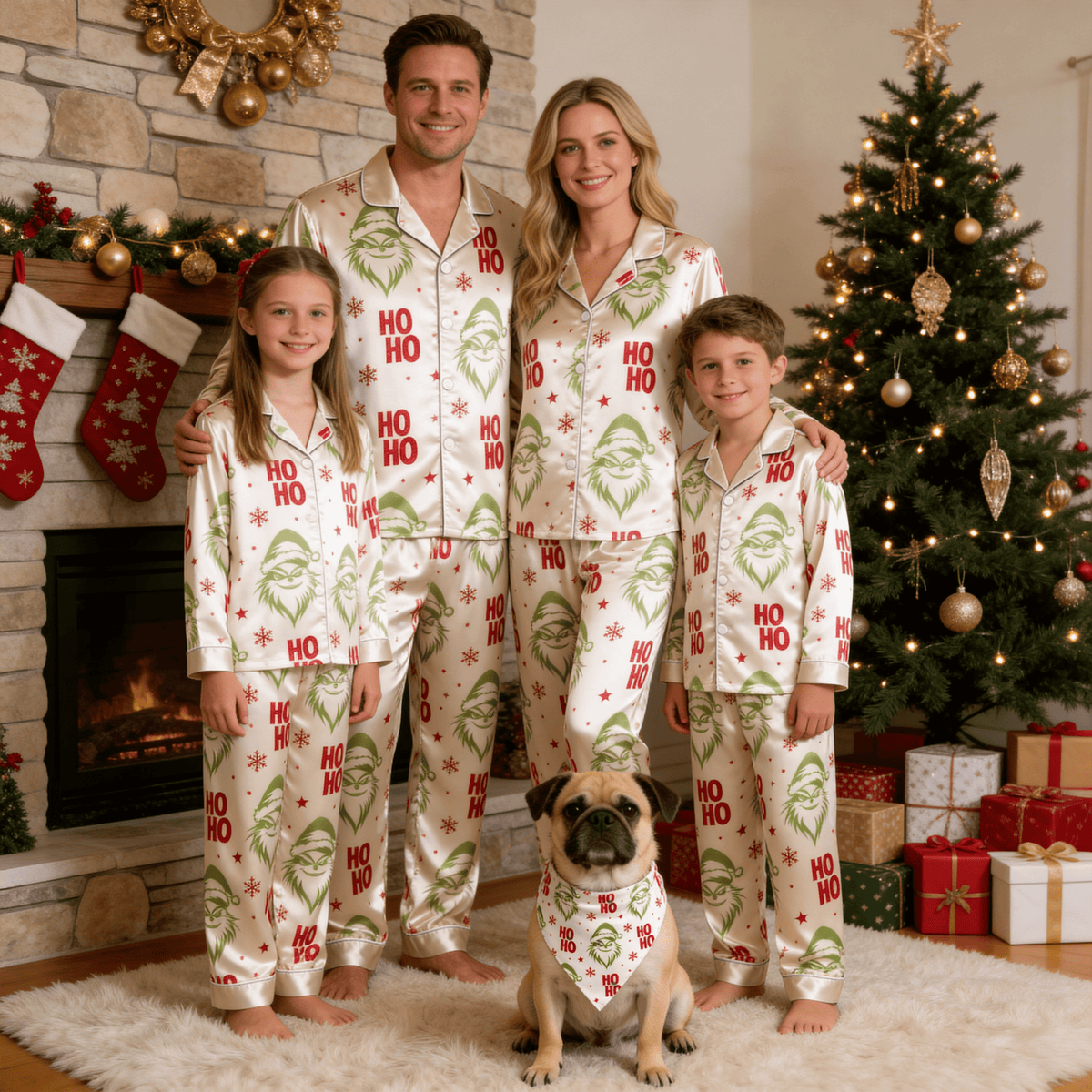 Green Face & Ho Ho Text Print Satin Button-Up Family Christmas Pajamas Set