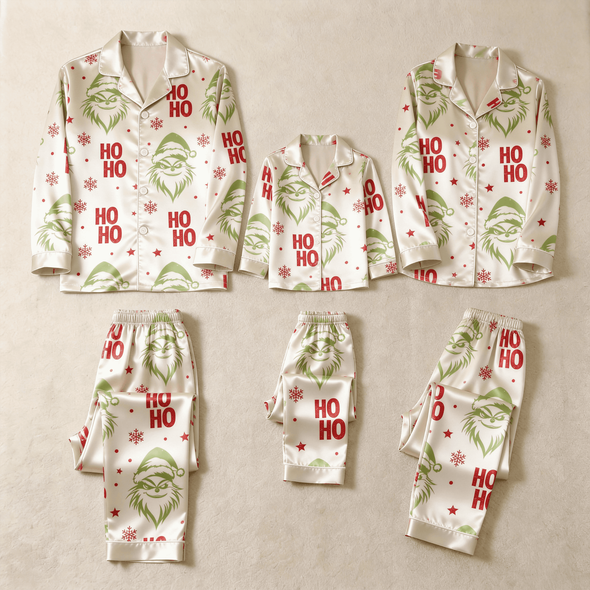 Green Face & Ho Ho Text Print Satin Button-Up Family Christmas Pajamas Set