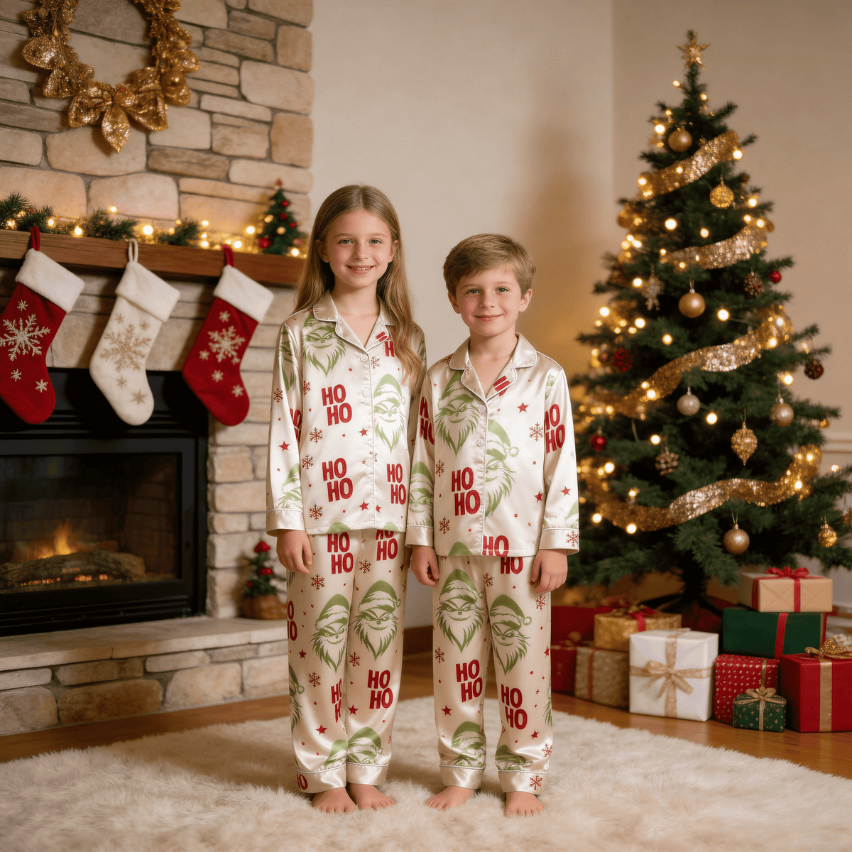 Green Face & Ho Ho Text Print Satin Button-Up Family Christmas Pajamas Set