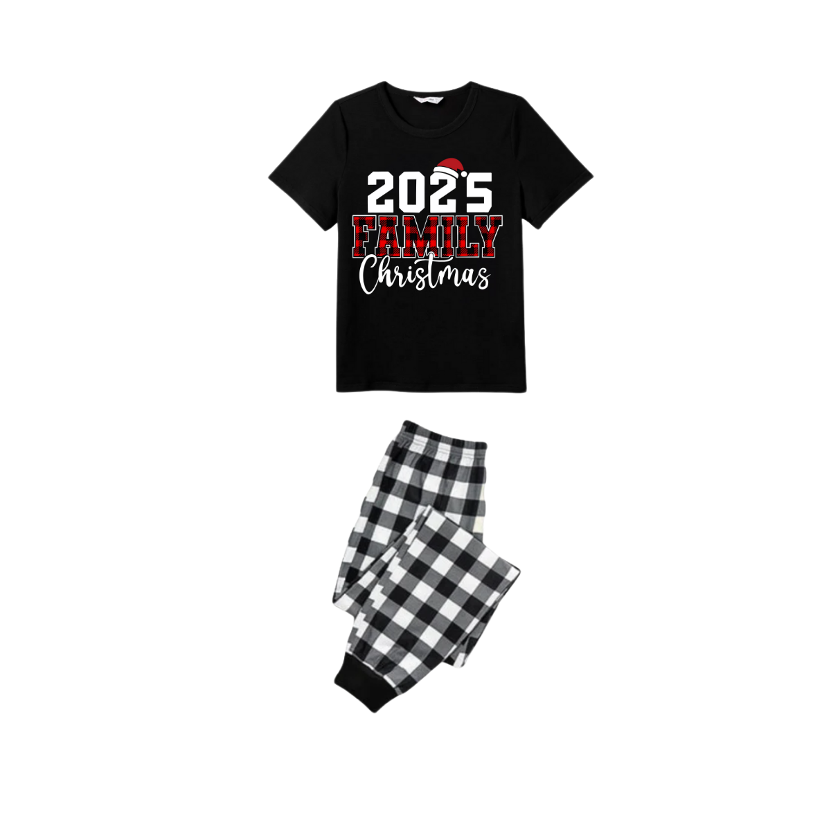 2025 Family Christmas Pajamas Set - Black Top Black and White Plaid Pants Red Plaid Text Graphic