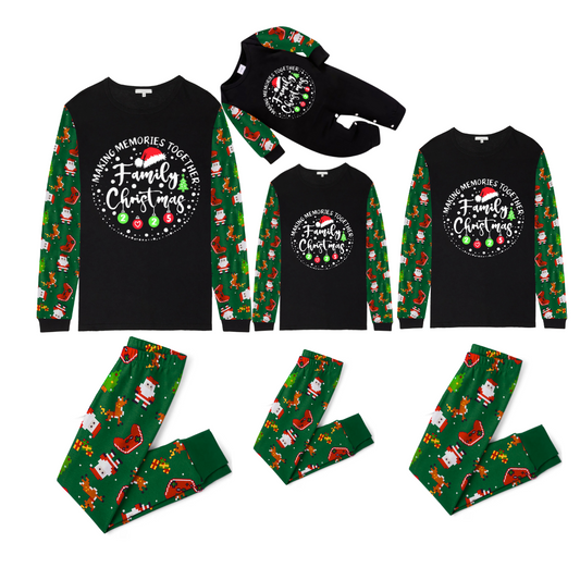 Making Memories Together Family Christmas 2025 Family Pajamas Set - Black Top, Green Pants, Green Christmas Cartoon Sleeves