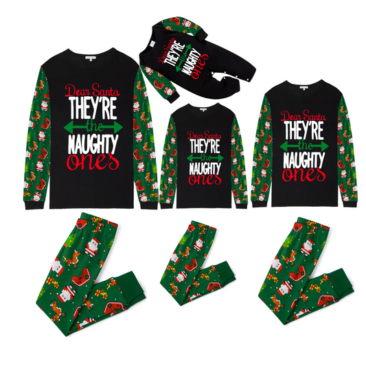 Dear Santa They Are the Naughty Ones Printed  Green Contrast Sleeve Black Top And Pants Family Matching Christmas Pajamas Sets