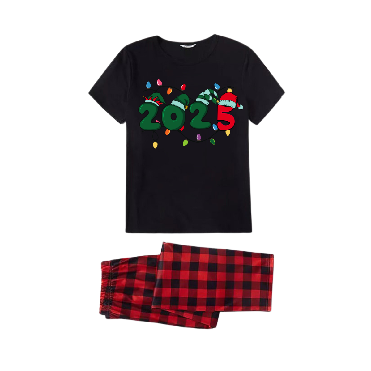 Christmas "2025" Letter Print Black Short Sleeve with Red & Black Plaid Pant Family Matching Pajamas