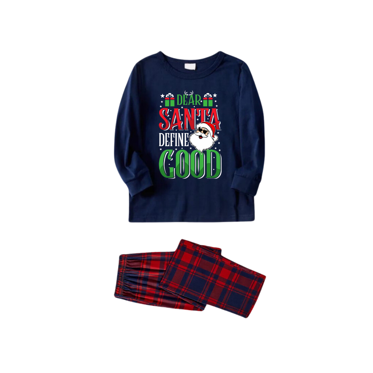 "Dear Santa Define Good" Slogan Printed Red and Blue Plaid Christmas Matching Pajamas
