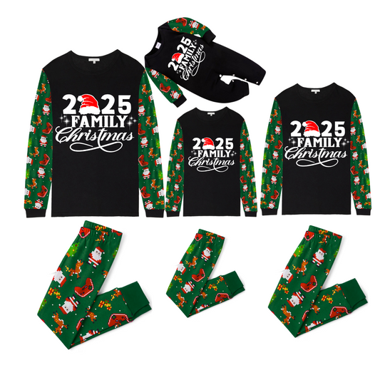 Christmas 2025 Santa Family Matching Family Pajamas Set - Black Top, Green Pants, Santa Print Pattern