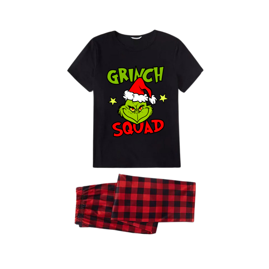 Grinch Squad Family Pajamas Set - Black Top Red Pants Red Plaid Sleeves Grinch Face with Santa Hat Print