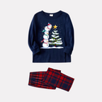 Navy & Red Plaid Christmas Pajamas Set with Snowman & Christmas Tree Print