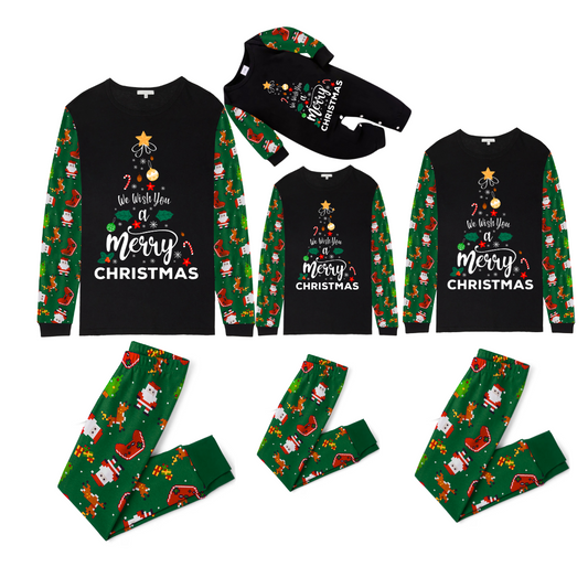 We Wish You a Merry Christmas Family Pajamas Set - Black Top / Green Santa Print Pants / Green Santa Print Sleeves