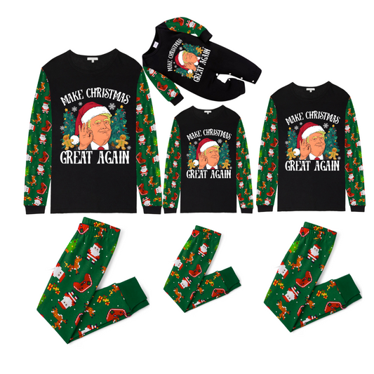 Christmas Cartoon Trump Make Christmas Great Again Family Pajamas Set - Black Top, Green Pants, Santa Pattern