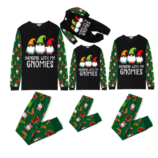 Hanging With My Gnomies Christmas 2025 Family Pajamas Set - Black Top, Green Pants, Green Christmas Cartoon Sleeves
