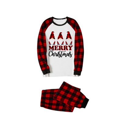 Merry Christmas Gnome Family Pajamas Set - White Top, Red Plaid Pants, Plaid Sleeves