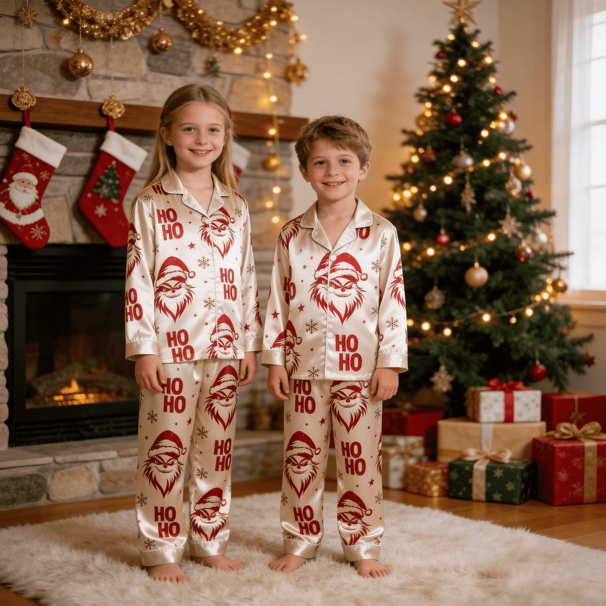 Red Face & Ho Ho Text Print Satin Button-Up Family Christmas Pajamas Set
