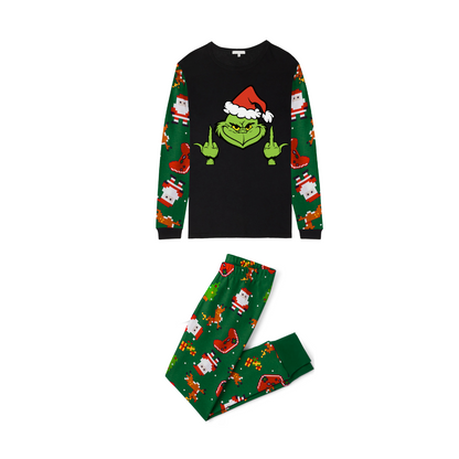 Grinch Santa Family Christmas Pajamas  Black Top with Green Santa Print Pants