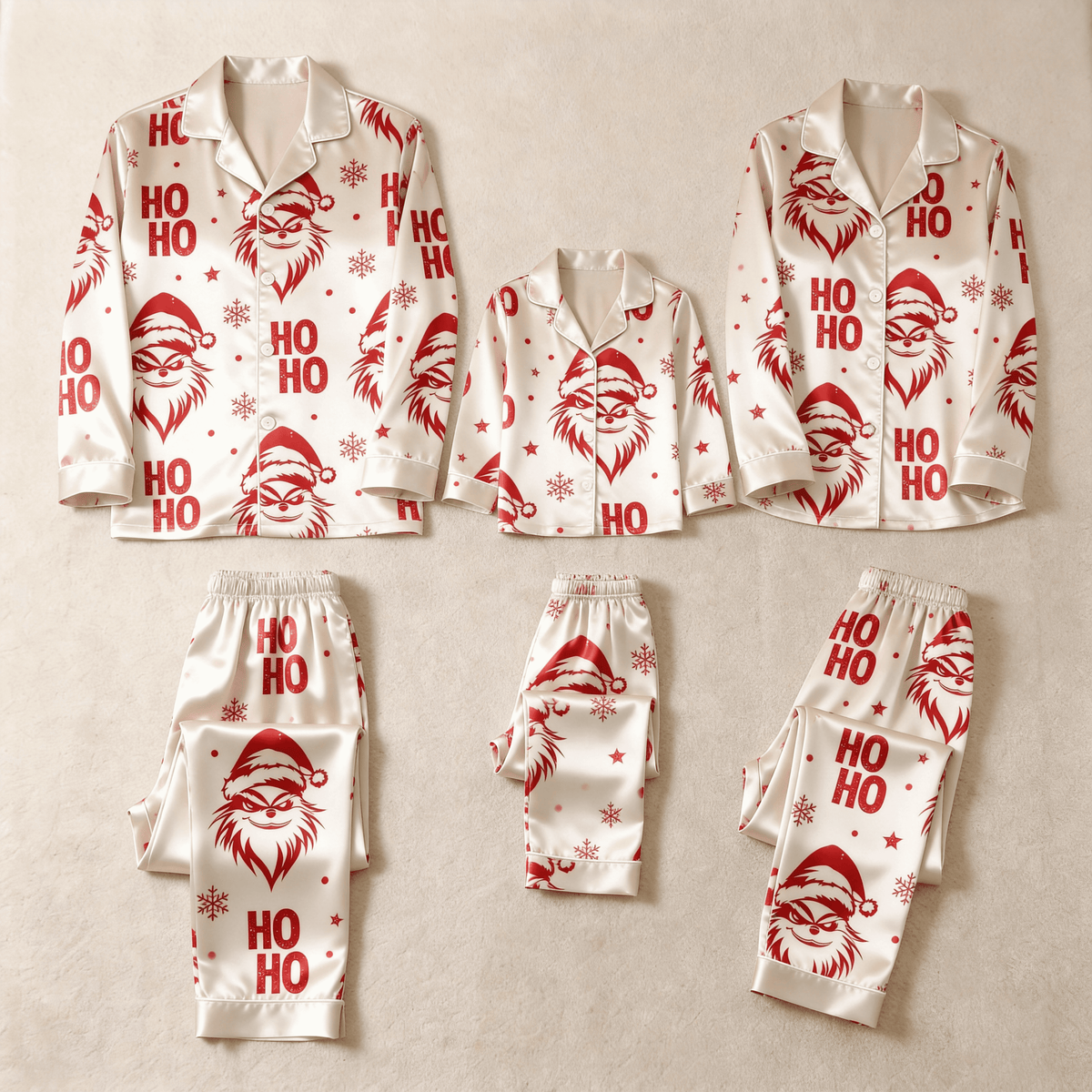 Red Face & Ho Ho Text Print Satin Button-Up Family Christmas Pajamas Set