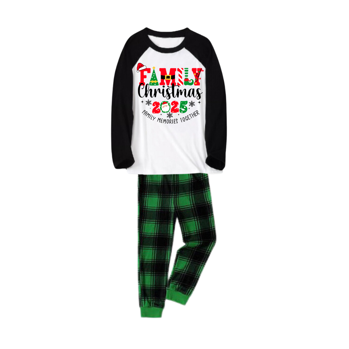 "Family Christmas 2025 Making Memories Together" Cute Christmas Elements Printed Green and Black Plaid Christmas Family Pajamas